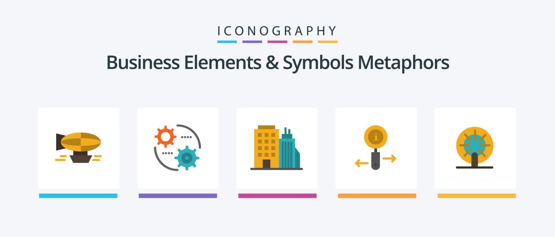 Business Elements And Symbols Metaphors Flat 5 Icon Pack Including search. information. gear. info. tower. Creative Icons Design vector