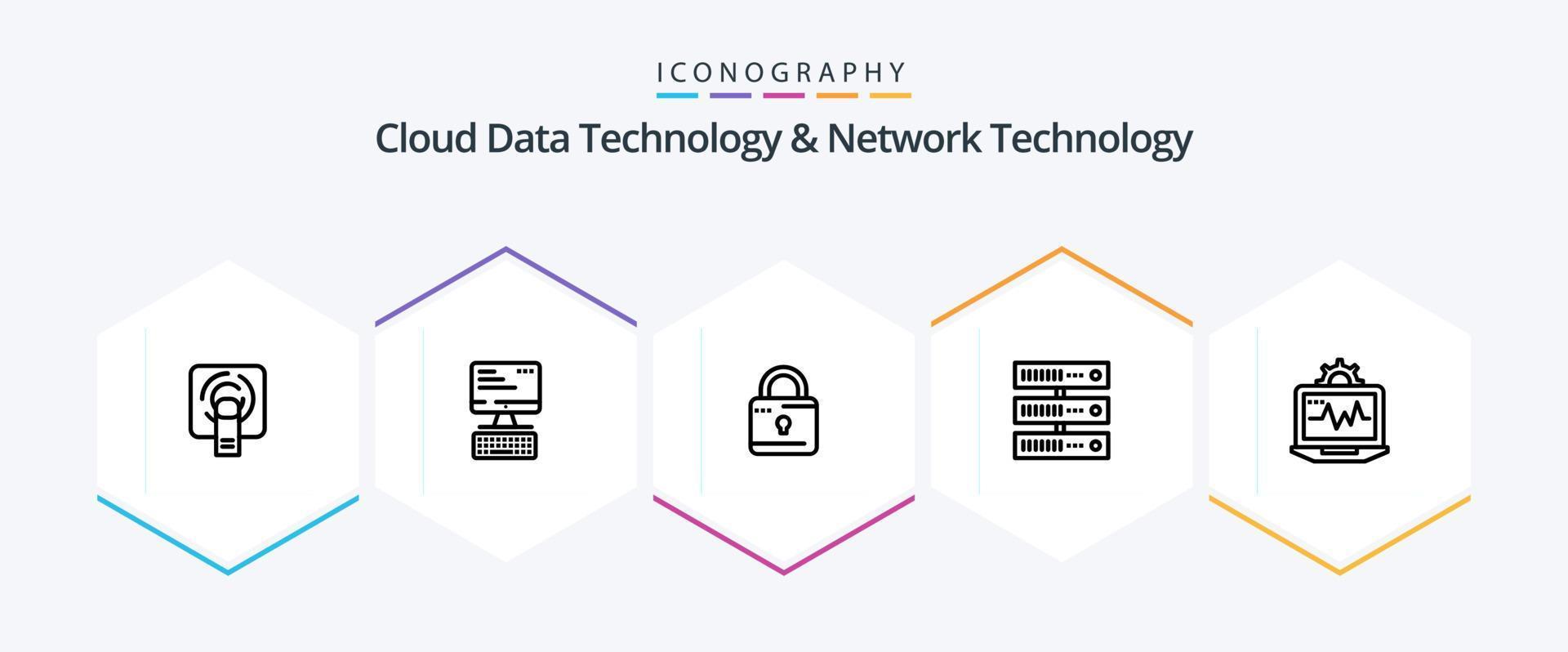Cloud Data Technology And Network Technology 25 Line icon pack including computer. network. louck . storage. computing vector