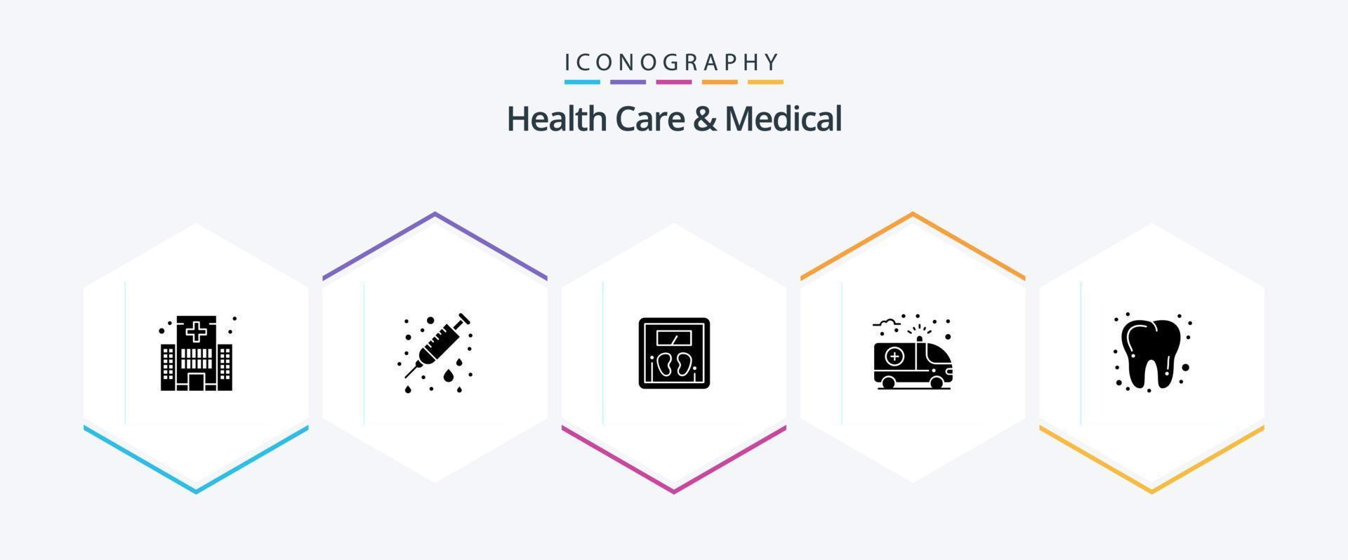 Health Care And Medical 25 Glyph icon pack including dental. health. needle. care. machine vector