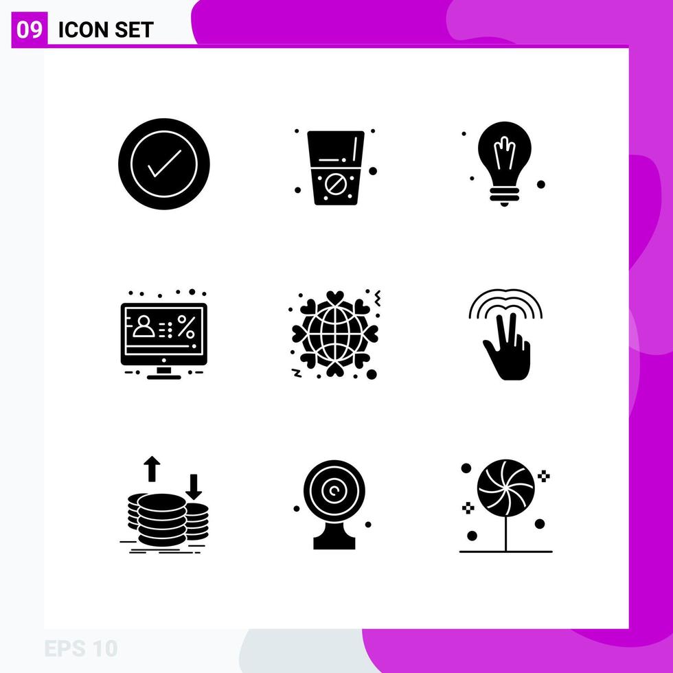 Set of 9 Modern UI Icons Symbols Signs for like globe idea percentage display Editable Vector Design Elements