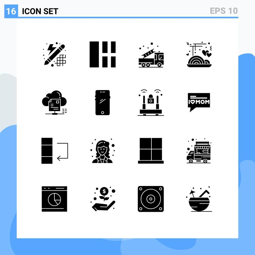 paquete de línea de vector editable de 16 glifos sólidos simples de fideos de archivo alarma camión de fideos elementos de diseño de vector editable