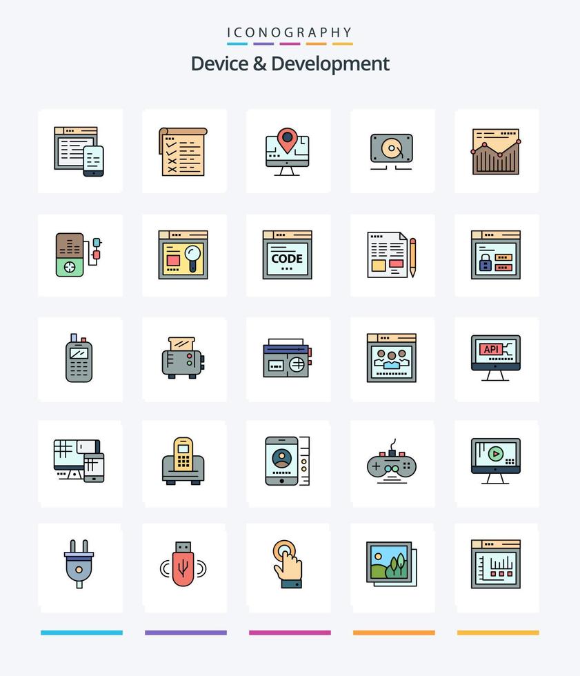 Creative Device And Development 25 Line FIlled icon pack  Such As web. loud. computer . speaker. music vector