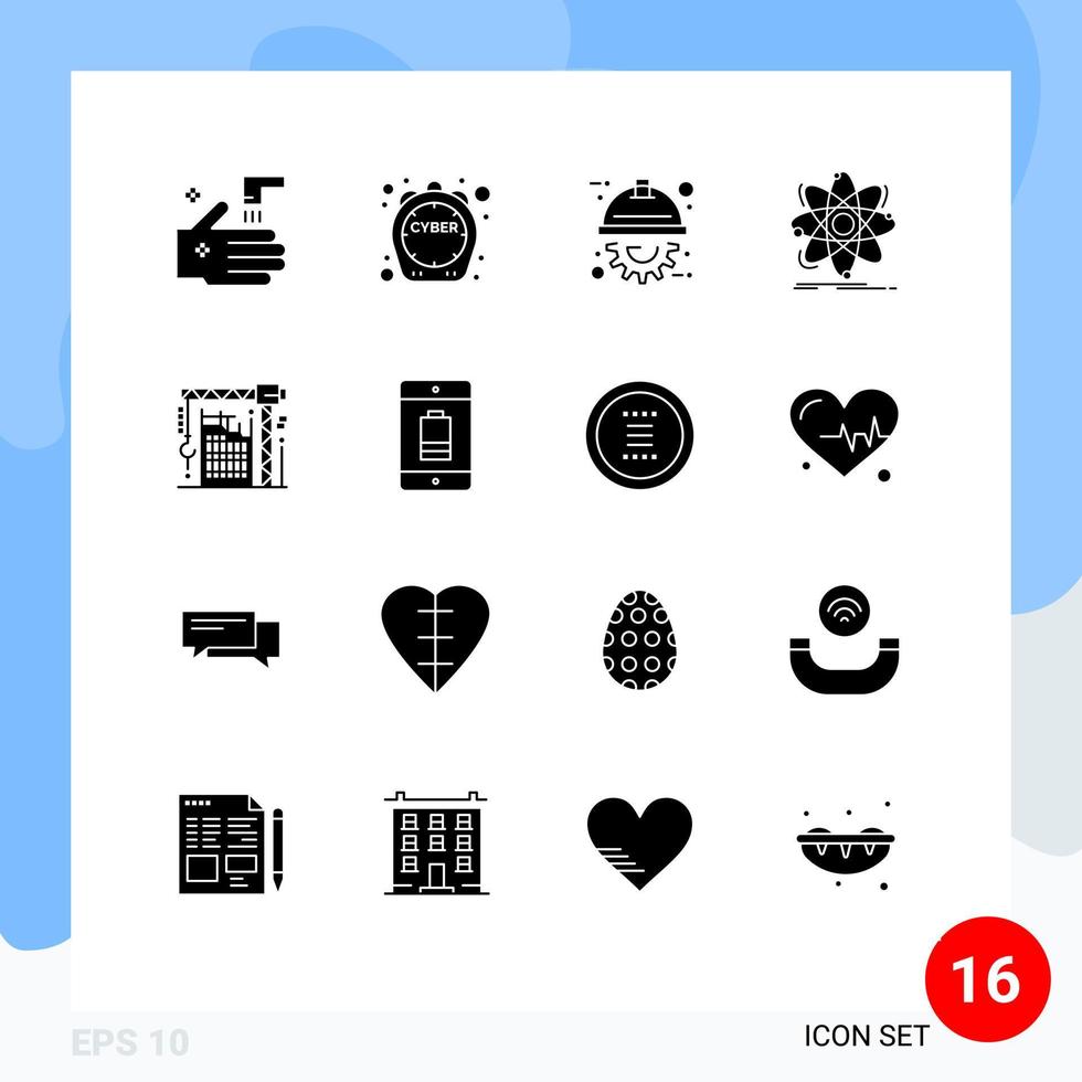 Mobile Interface Solid Glyph Set of 16 Pictograms of building physics automation chemistry atom Editable Vector Design Elements