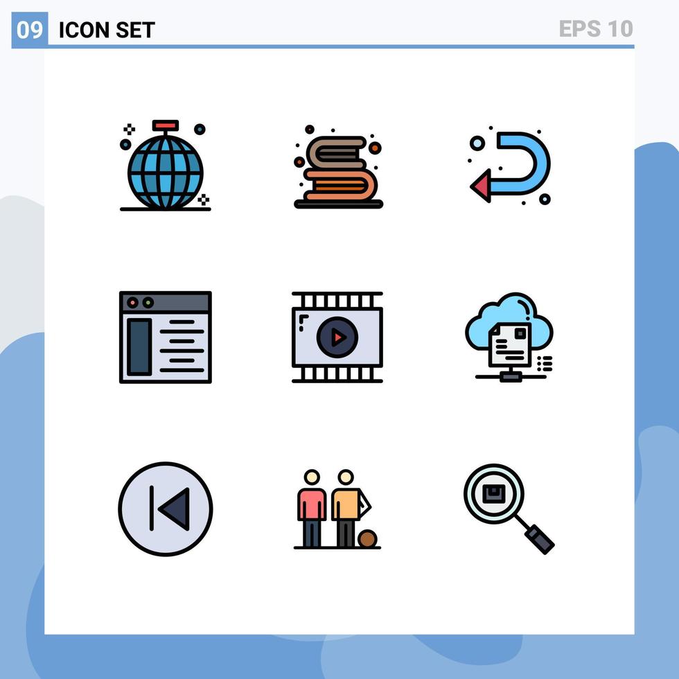 Pictogram Set of 9 Simple Filledline Flat Colors of film editing web page library web u turn Editable Vector Design Elements