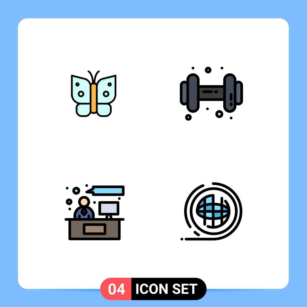 Set of 4 Vector Filledline Flat Colors on Grid for butterfly discussion wings dumbell earth Editable Vector Design Elements