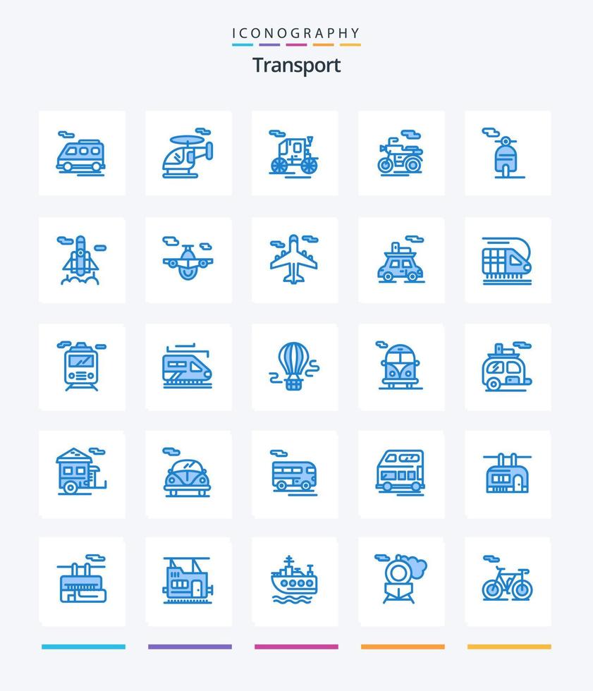 transporte creativo 25 paquete de iconos azules como el transporte. avión. transporte. transporte. cohete vector