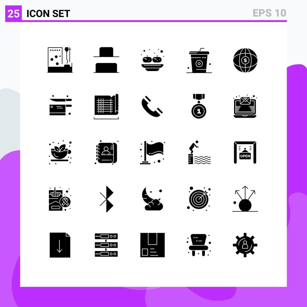Paquete de glifos sólidos de 25 interfaces de usuario de signos y símbolos modernos de elementos de diseño de vectores editables de alimentos y bebidas del mundo