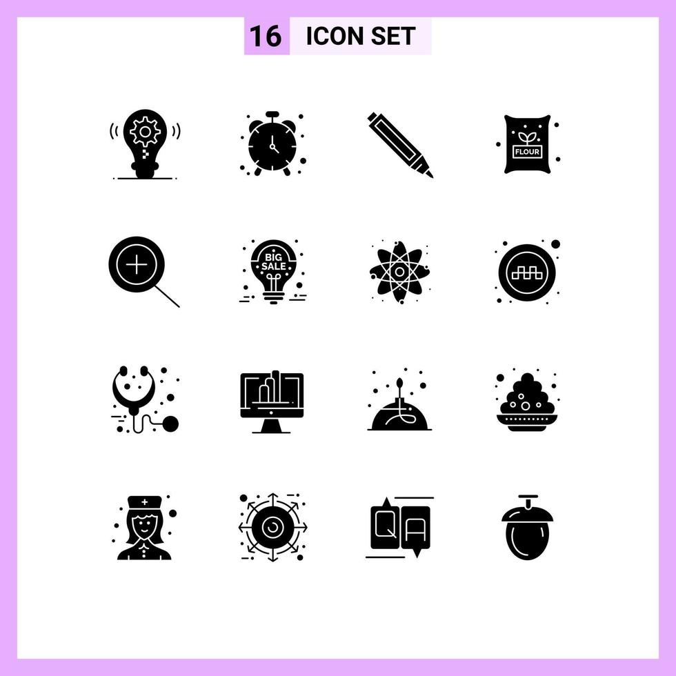 Group of 16 Solid Glyphs Signs and Symbols for ideas in education wheat flour Editable Vector Design Elements