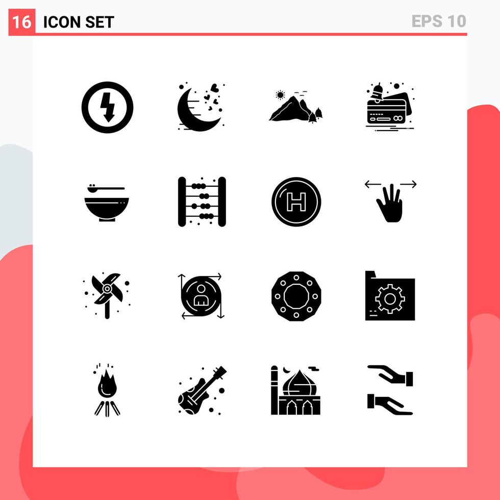Group of 16 Modern Solid Glyphs Set for payment credit romantic card nature Editable Vector Design Elements