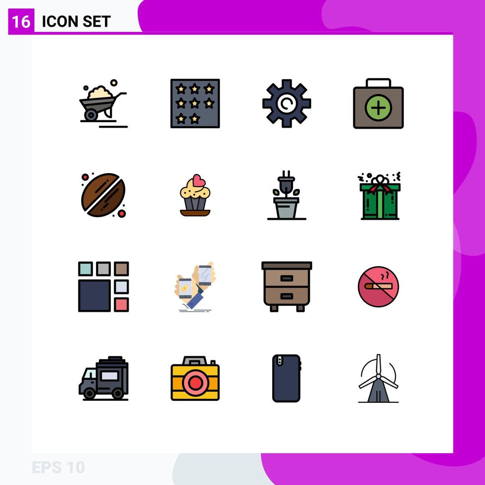 Pack of 16 Modern Flat Color Filled Lines Signs and Symbols for Web Print Media such as suitcase first aid rank briefcase setting Editable Creative Vector Design Elements