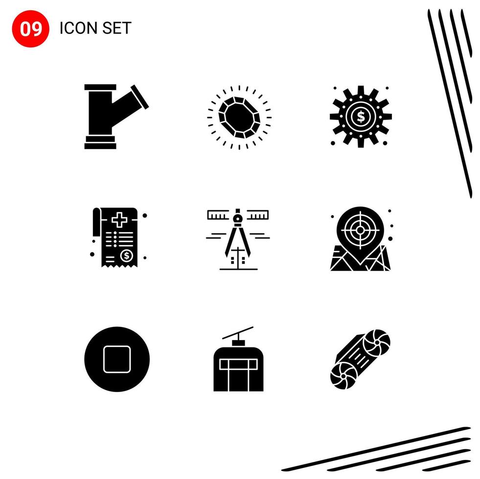 Mobile Interface Solid Glyph Set of 9 Pictograms of paperwork medical luxury bill process Editable Vector Design Elements