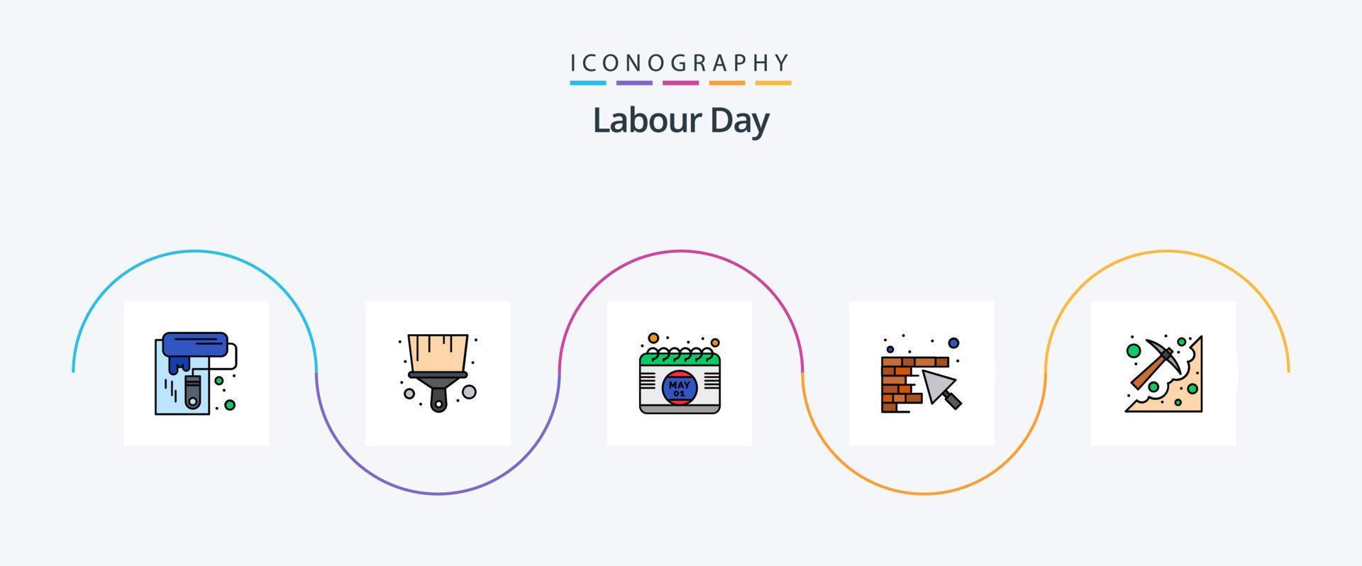 Labour Day Line Filled Flat 5 Icon Pack Including mining. cave. date. trowel. construction vector