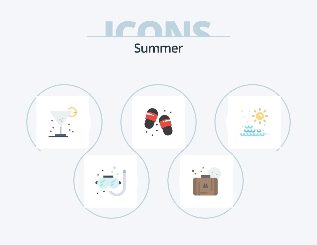 paquete de iconos planos de verano 5 diseño de iconos. mar. calzado. bebida. chancletas. paja vector