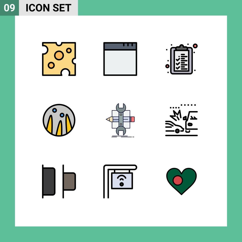 paquete de línea de vector editable de 9 colores planos de línea rellena simple de la lista de bocetos de accidentes desarrollar elementos de diseño de vector editables