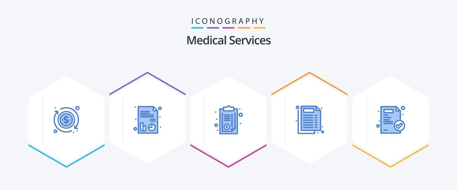 paquete de 25 íconos azules de servicios médicos que incluye . informe médico. papel. papel medico documento vector