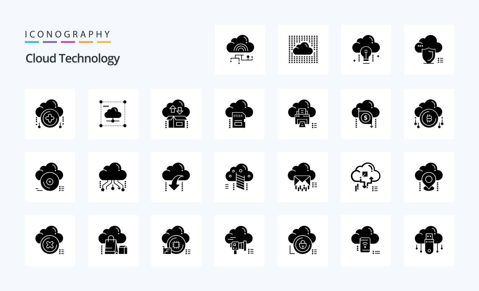 paquete de iconos de glifos sólidos de tecnología de nube 25 vector