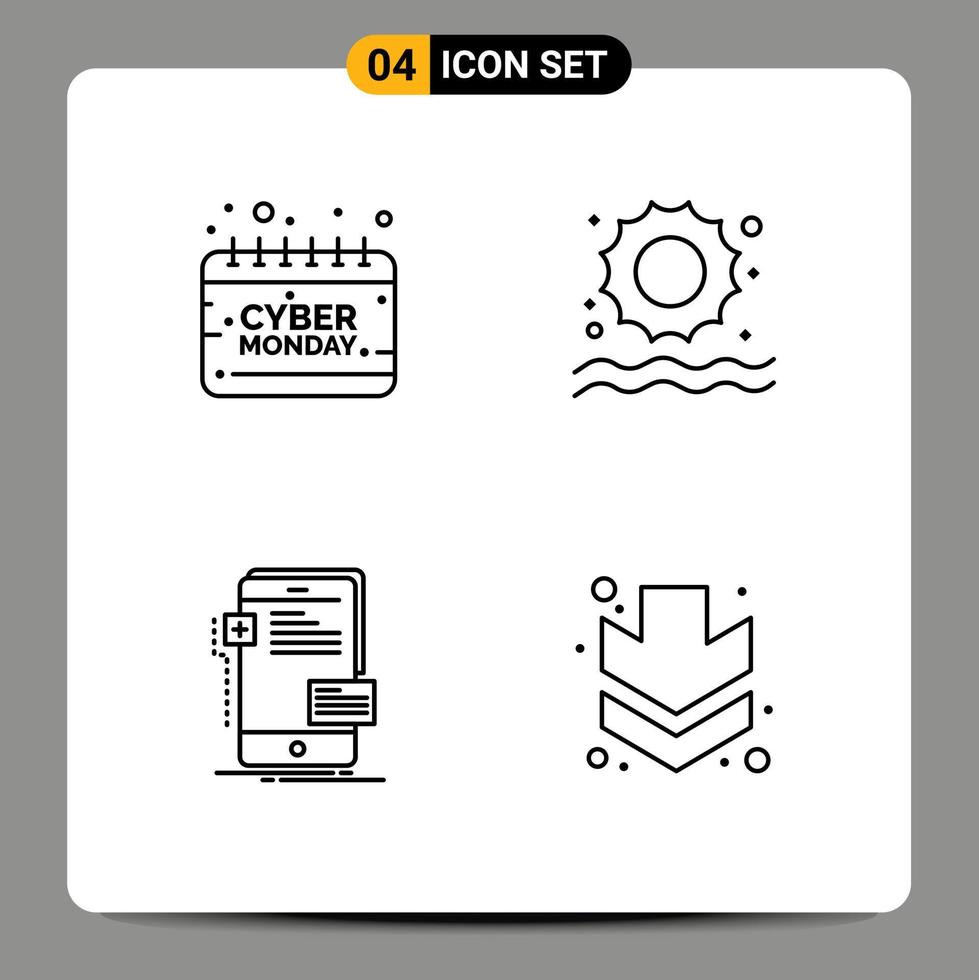 paquete de interfaz de usuario de 4 colores planos básicos de línea rellena de la interfaz del calendario elementos de diseño vectorial editables del teléfono del sol del lunes vector
