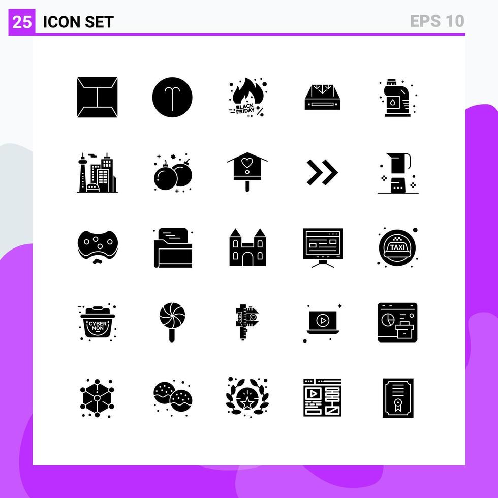 Pack of 25 Modern Solid Glyphs Signs and Symbols for Web Print Media such as parcel container discount box inbox Editable Vector Design Elements