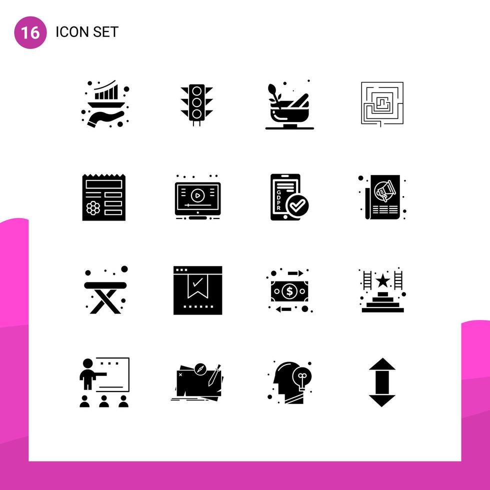 grupo de 16 signos y símbolos de glifos sólidos para elementos de diseño de vectores editables de spa de idea de carretera de marketing de puzzel