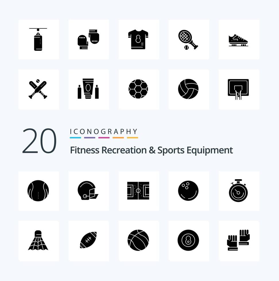 20 Fitness Recreation And Sports Equipment Solid Glyph icon Pack like strike bowling protective ball pitch vector