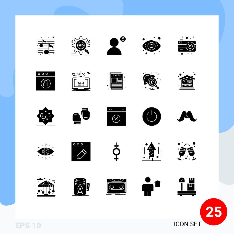 25 User Interface Solid Glyph Pack of modern Signs and Symbols of view target setting eye privacy Editable Vector Design Elements