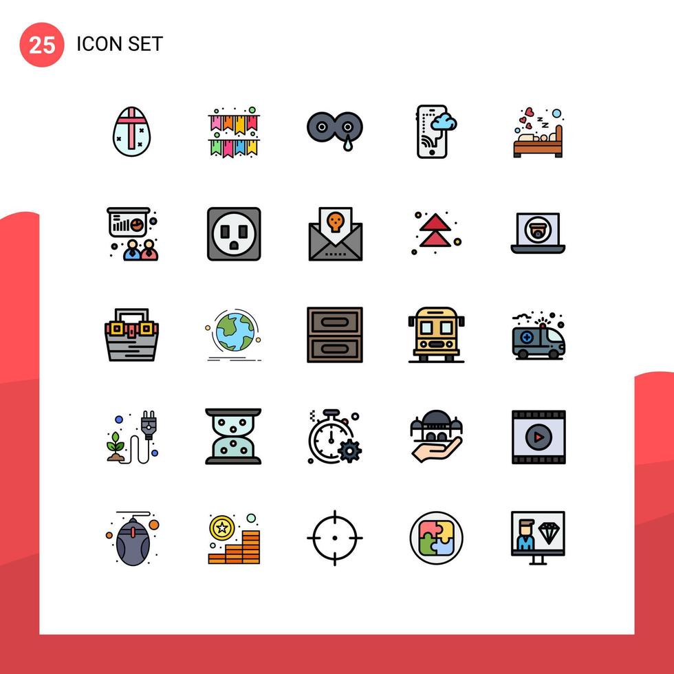 Editable Vector Line Pack of 25 Simple Filled line Flat Colors of hotel bedroom feeding technology connection Editable Vector Design Elements