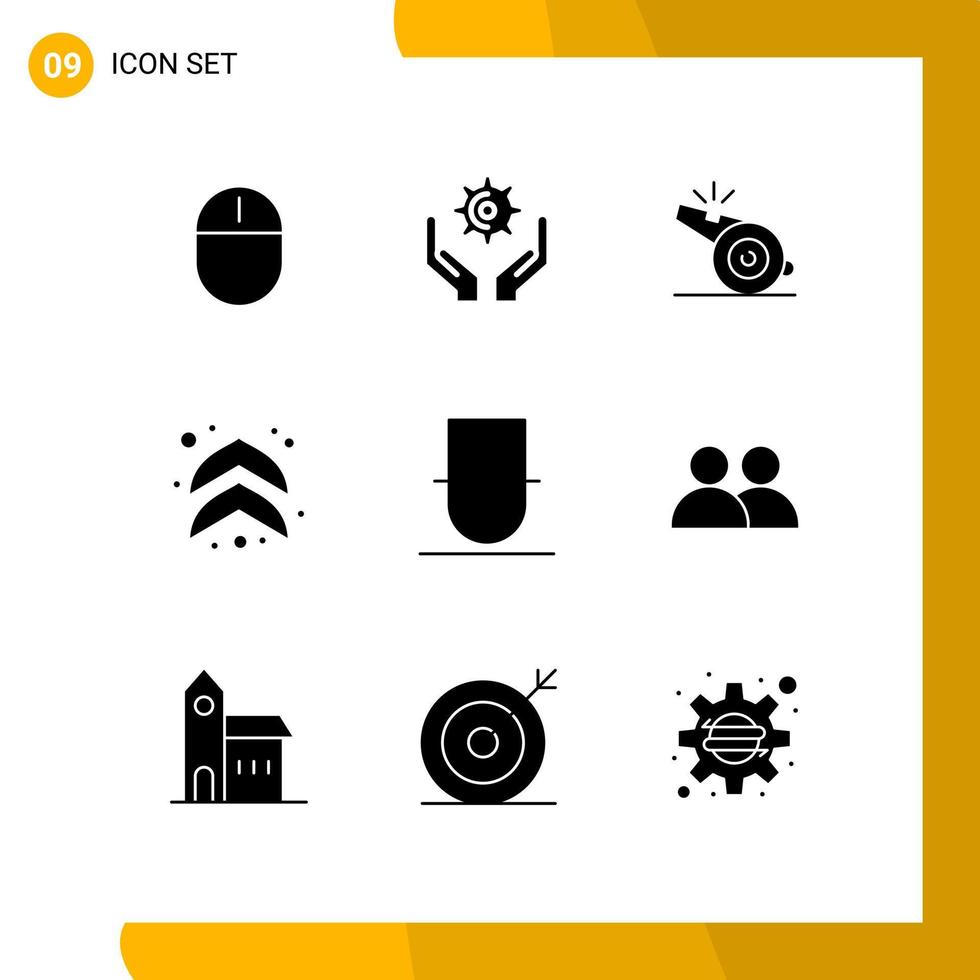 paquete de 9 signos y símbolos de glifos sólidos modernos para medios de impresión web, como flechas de sujeción humanas, silbato, elementos de diseño de vectores editables