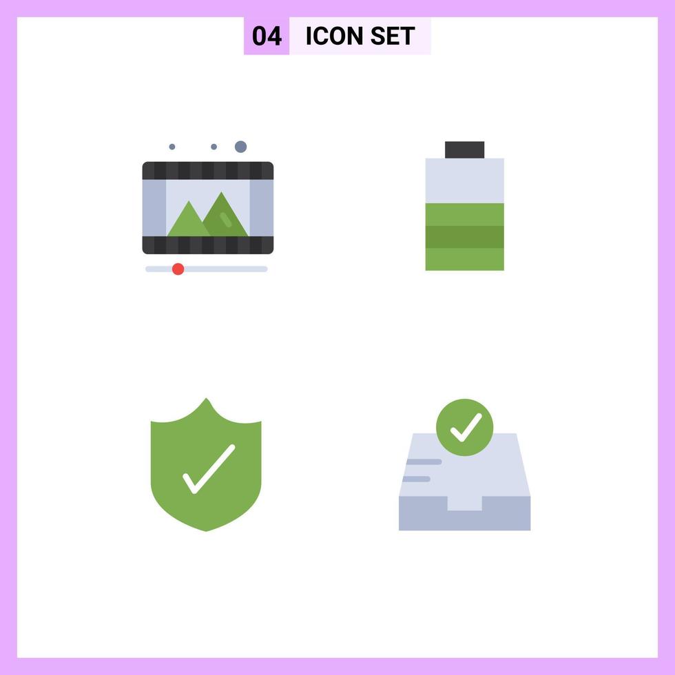 Modern Set of 4 Flat Icons and symbols such as play security reel power inbox Editable Vector Design Elements