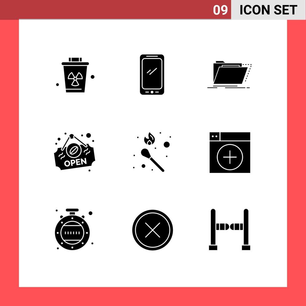 User Interface Pack of 9 Basic Solid Glyphs of fire shop iphone open files Editable Vector Design Elements