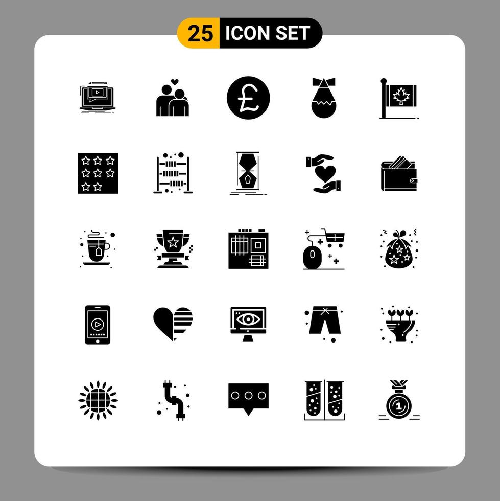 Mobile Interface Solid Glyph Set of 25 Pictograms of canada flag heart weapon bomb Editable Vector Design Elements