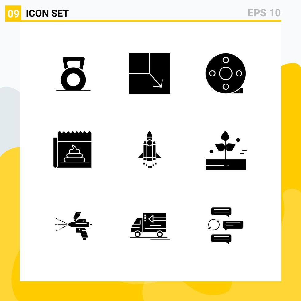 Solid Glyph Pack of 9 Universal Symbols of launch journalism cinematography hoax advertising Editable Vector Design Elements
