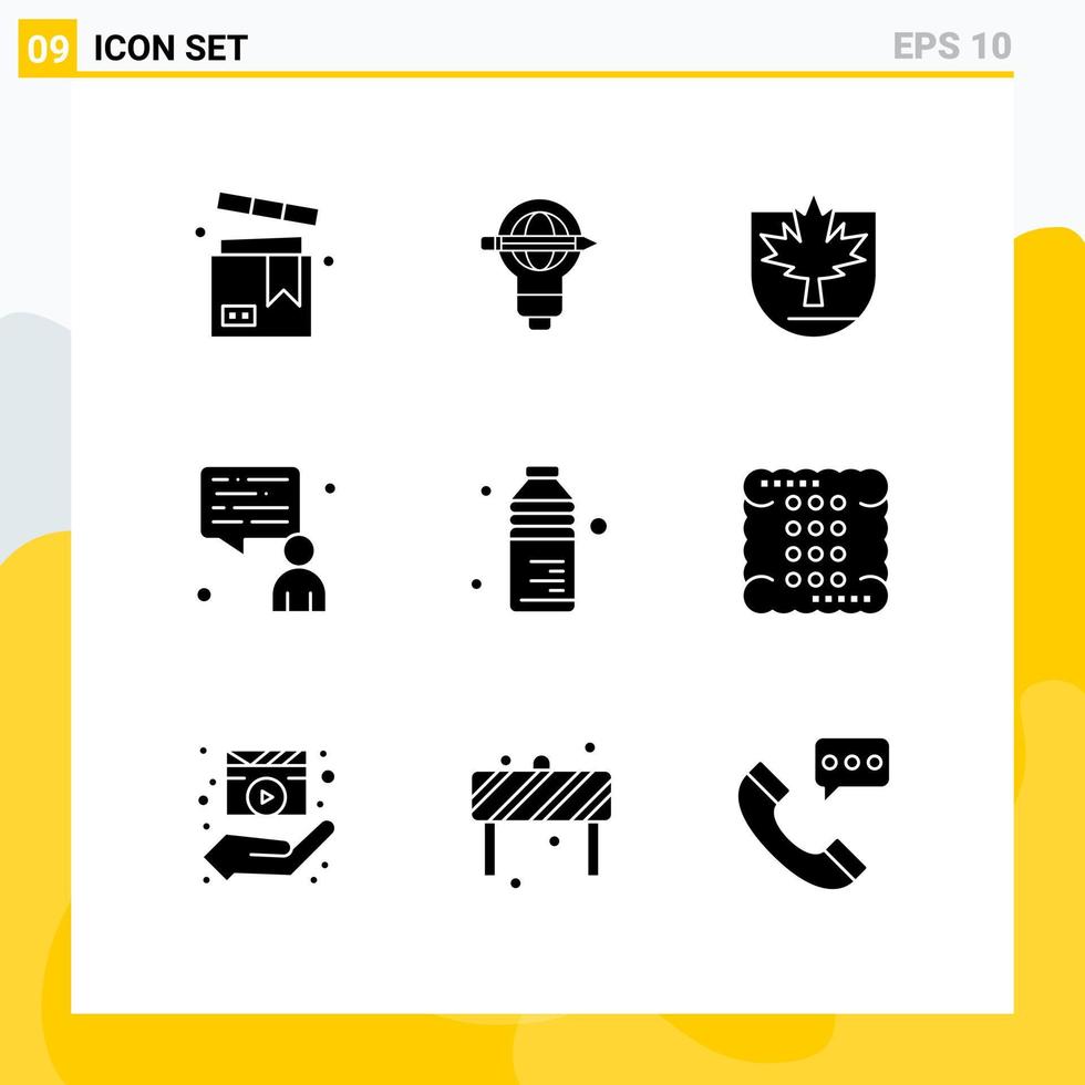 9 Thematic Vector Solid Glyphs and Editable Symbols of bottle chat bulb man canada Editable Vector Design Elements