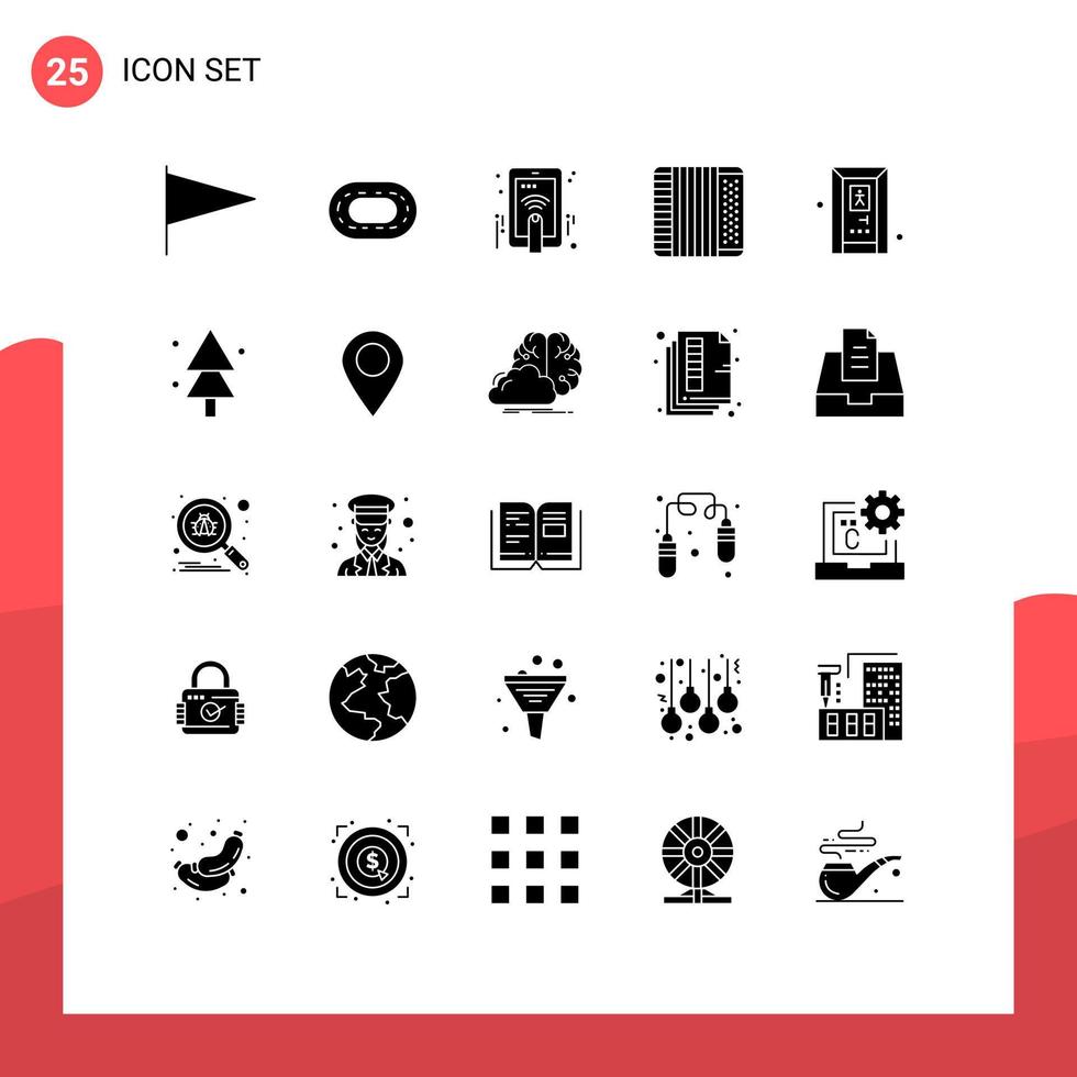 Set of 25 Vector Solid Glyphs on Grid for forest door touch bathroom instrument Editable Vector Design Elements