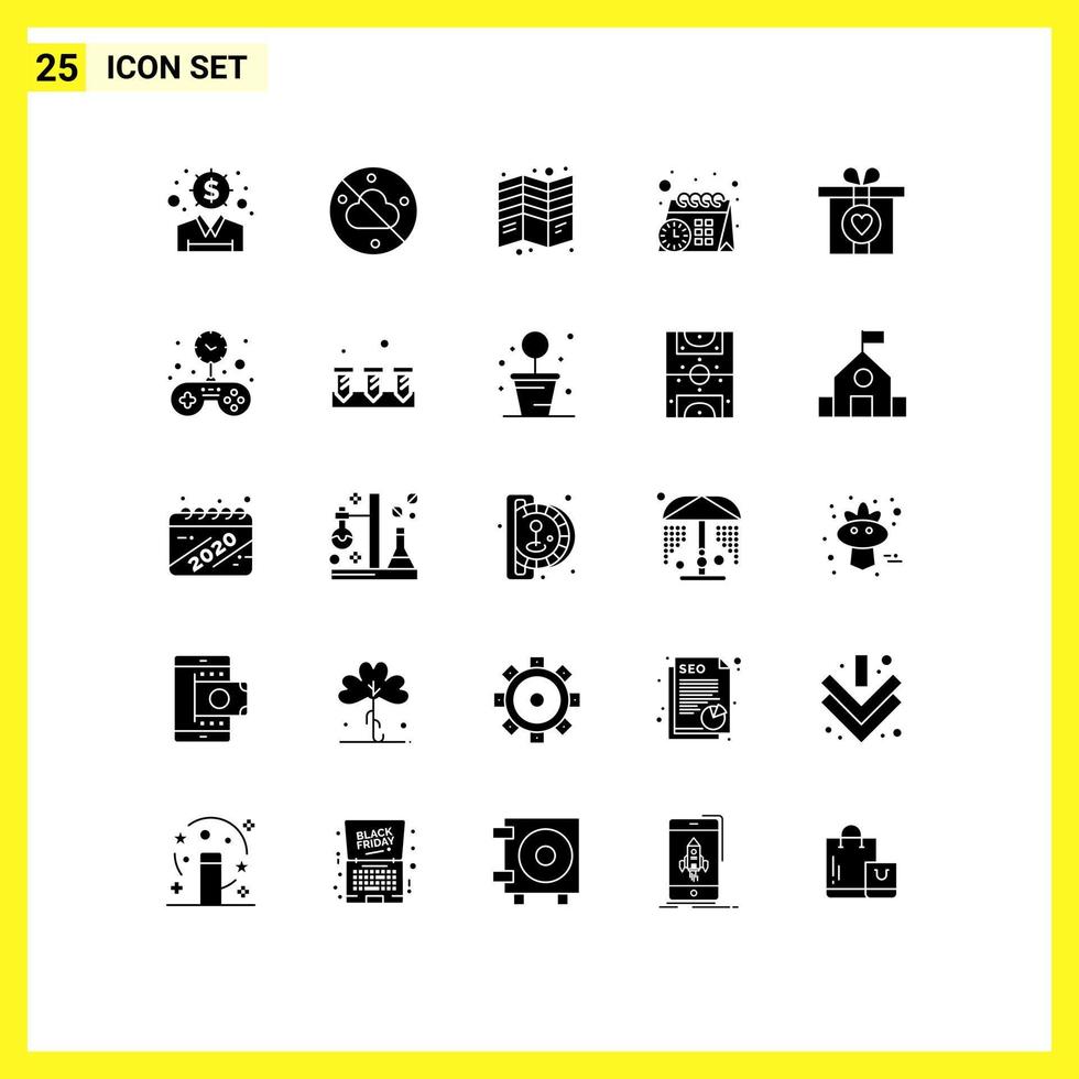 25 Thematic Vector Solid Glyphs and Editable Symbols of present gift flyer time calendar Editable Vector Design Elements