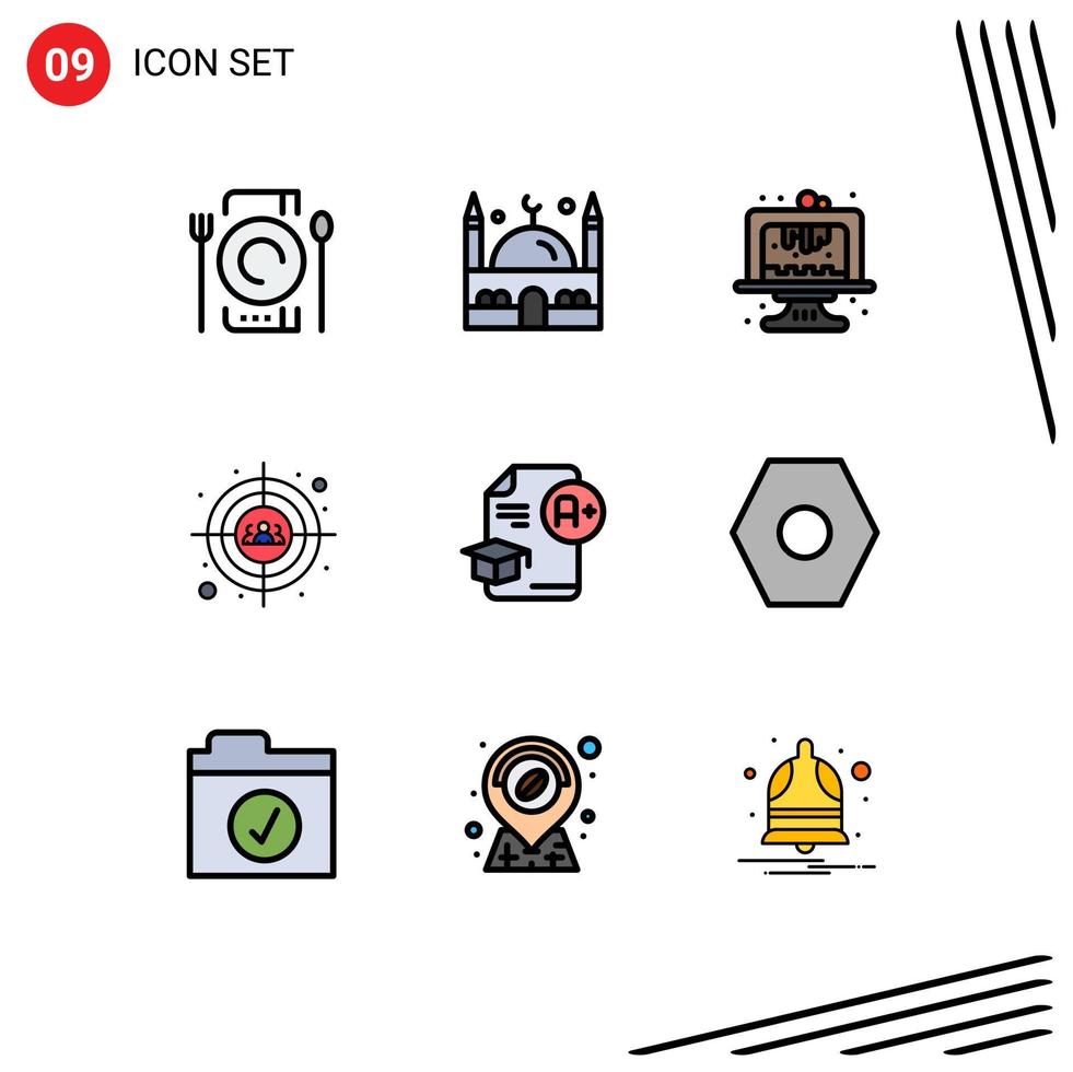 Group of 9 Modern Filledline Flat Colors Set for cap head shot baking users auditory Editable Vector Design Elements