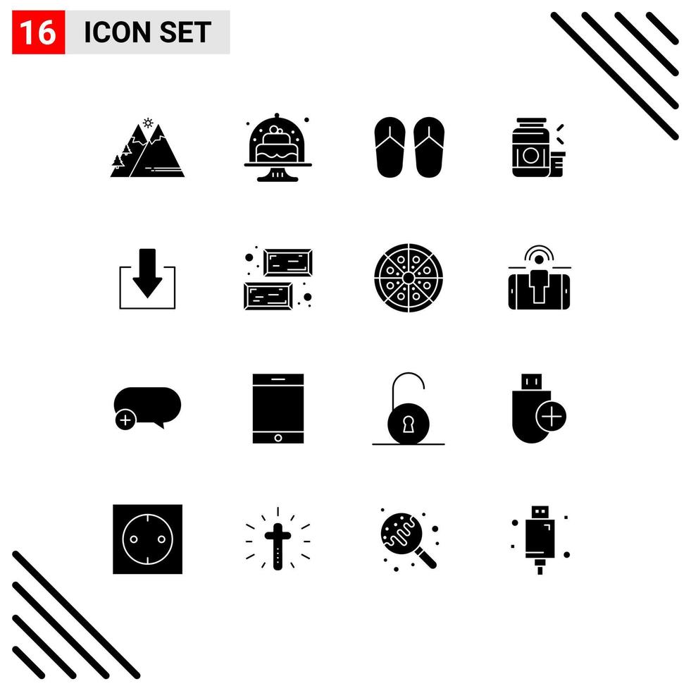 Mobile Interface Solid Glyph Set of 16 Pictograms of supplement protein cakes gainer sandal Editable Vector Design Elements