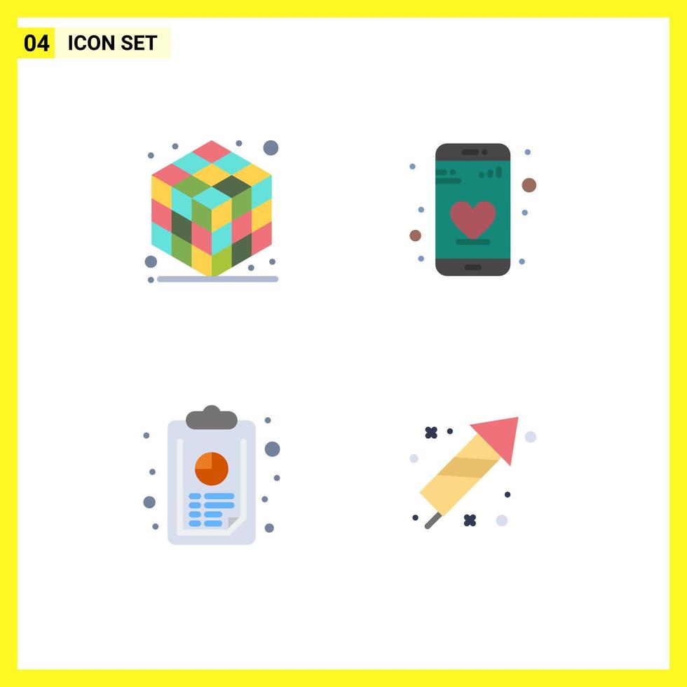 Modern Set of 4 Flat Icons Pictograph of cube graph app annual report fireworks Editable Vector Design Elements