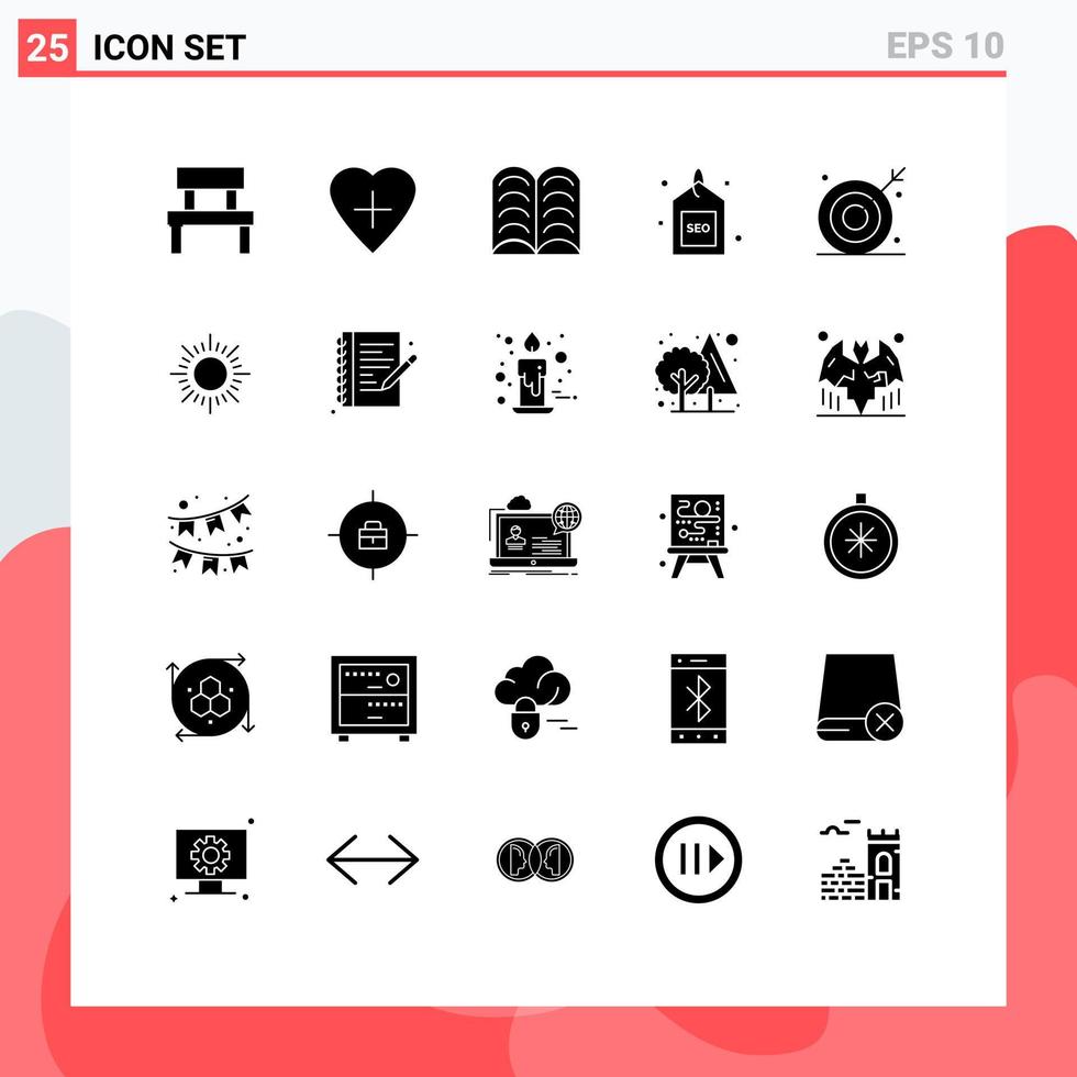 User Interface Pack of 25 Basic Solid Glyphs of ambition seo book search media Editable Vector Design Elements