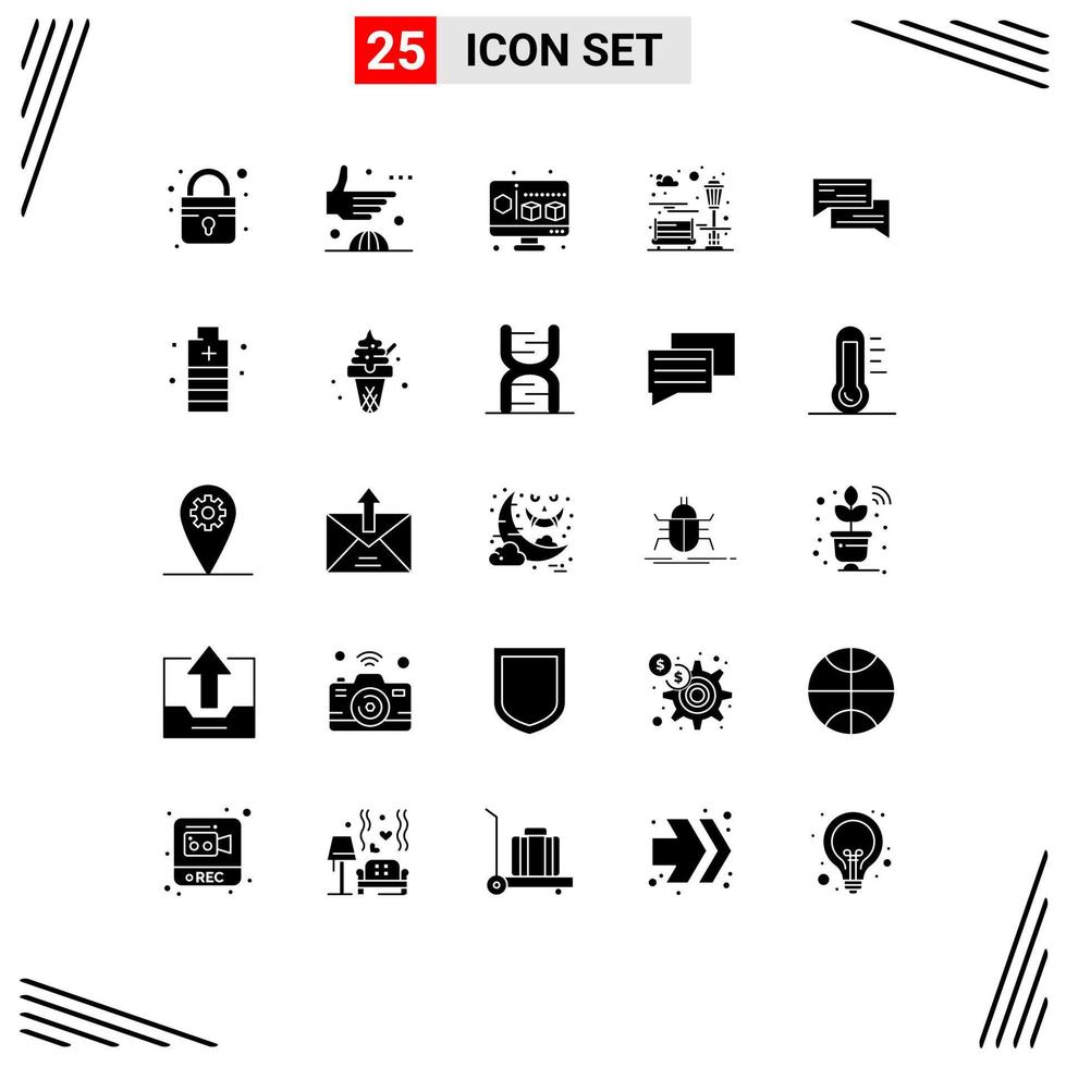 Pack of 25 Modern Solid Glyphs Signs and Symbols for Web Print Media such as bubbles chat cube recreation city Editable Vector Design Elements