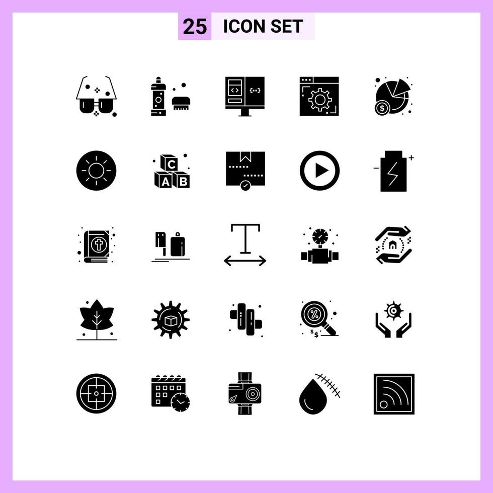 User Interface Pack of 25 Basic Solid Glyphs of setting browser detergent development computer Editable Vector Design Elements