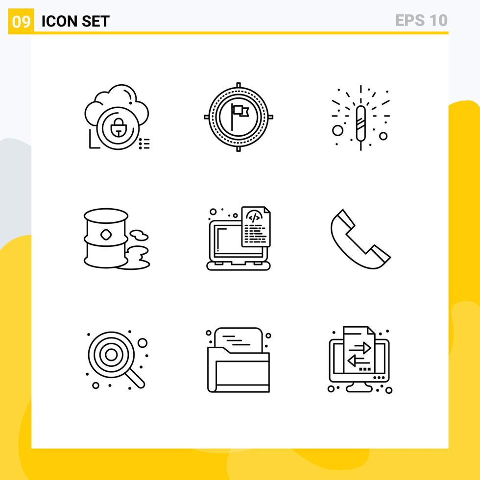 Pack of 9 Modern Outlines Signs and Symbols for Web Print Media such as device garbage flag environment spark Editable Vector Design Elements