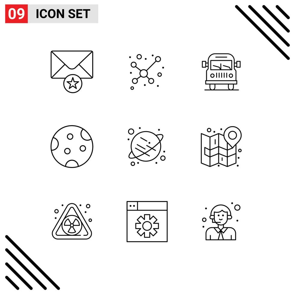 Outline Pack of 9 Universal Symbols of space planet vehicle weather night Editable Vector Design Elements