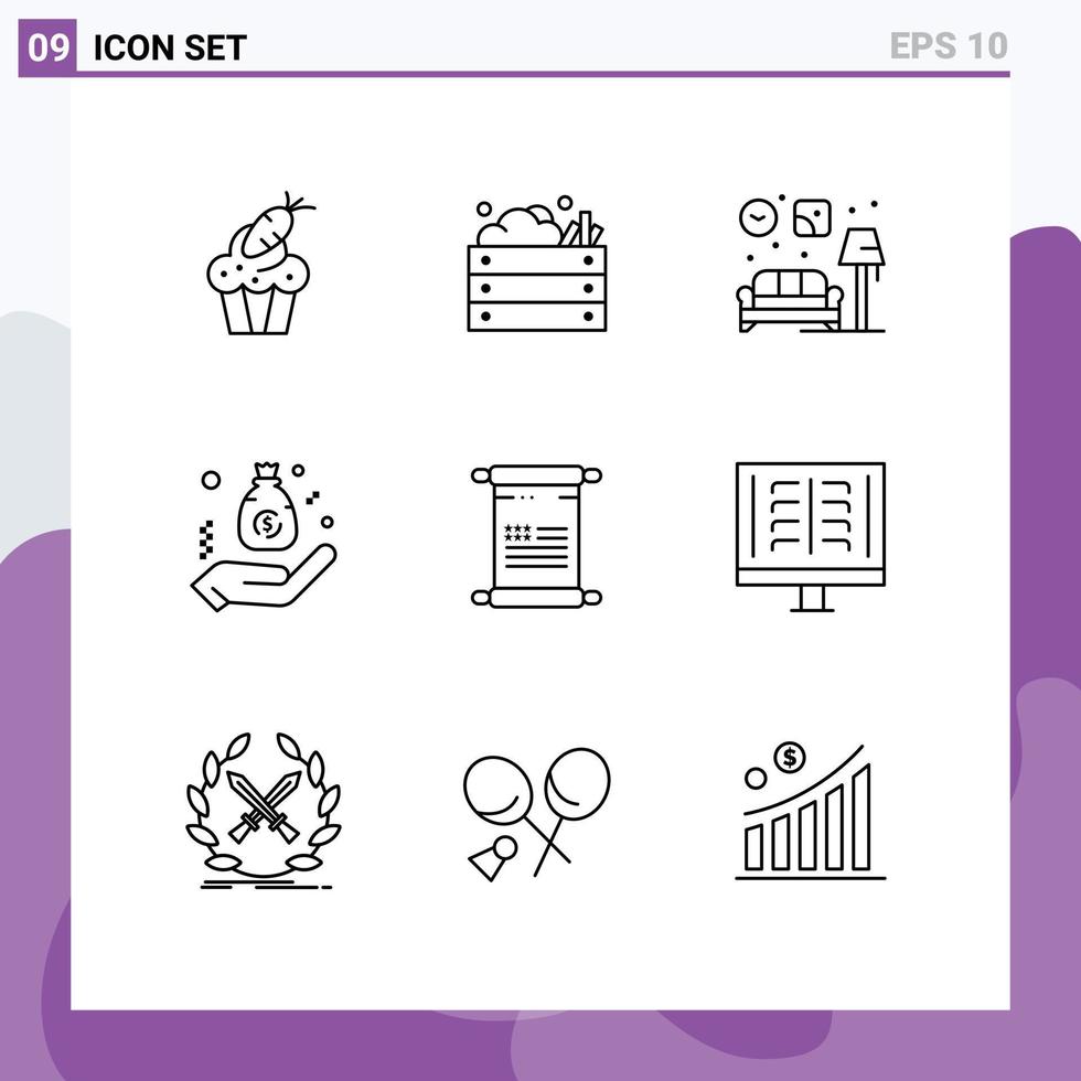 Group of 9 Outlines Signs and Symbols for finance budget nature bag couch Editable Vector Design Elements