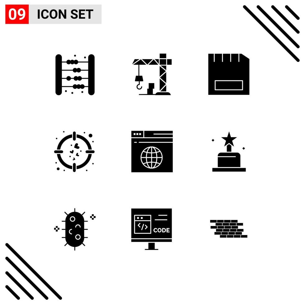 9 Thematic Vector Solid Glyphs and Editable Symbols of internet target card love hardware Editable Vector Design Elements