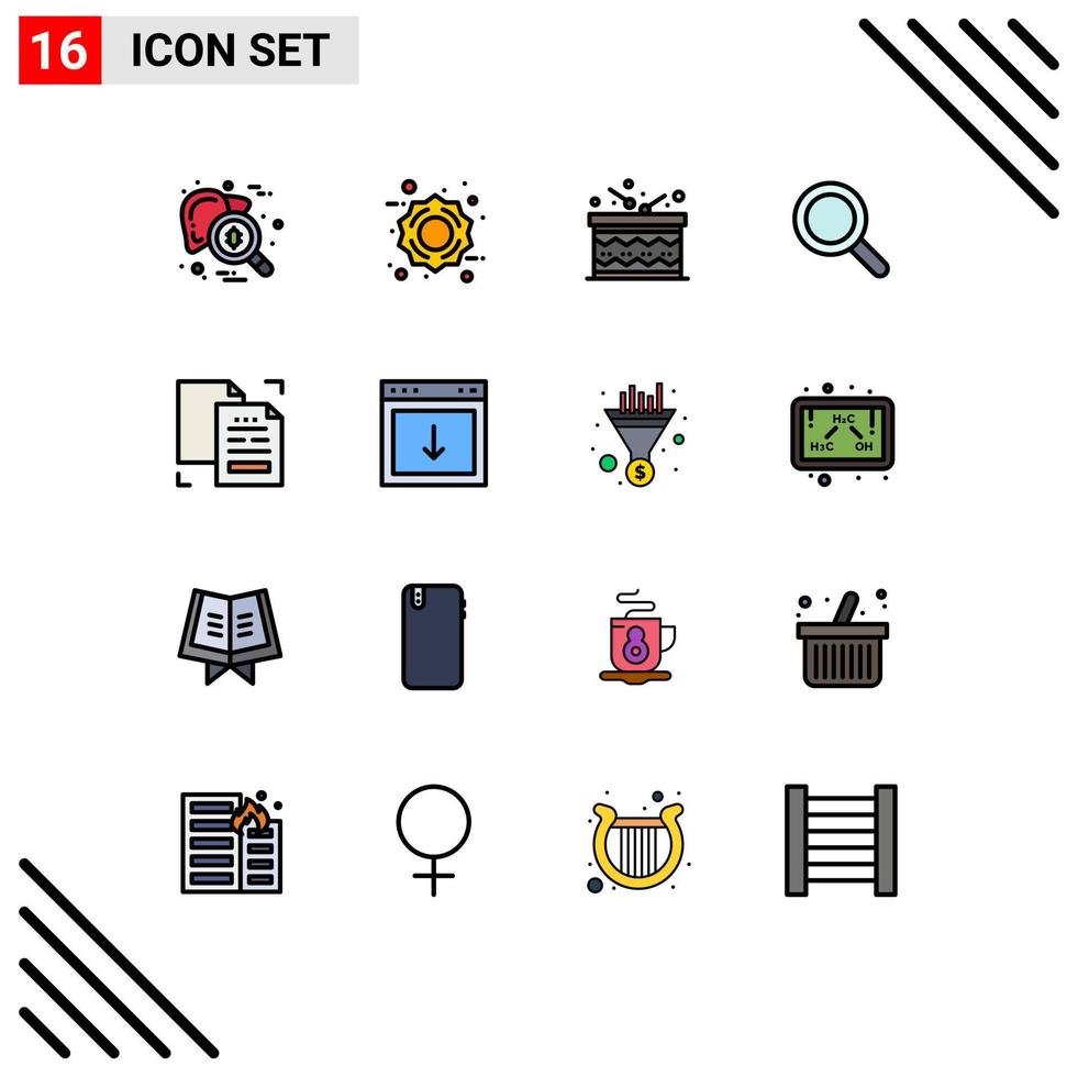 Set of 16 Vector Flat Color Filled Lines on Grid for copy search celebration magnifying glass Editable Creative Vector Design Elements