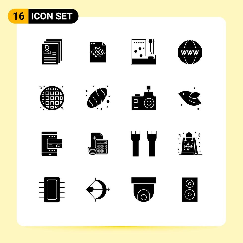 Pack of 16 Modern Solid Glyphs Signs and Symbols for Web Print Media such as seo media arrow engine room Editable Vector Design Elements