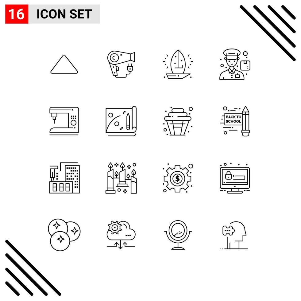 Pack of 16 Modern Outlines Signs and Symbols for Web Print Media such as electric man boat delivery sea Editable Vector Design Elements