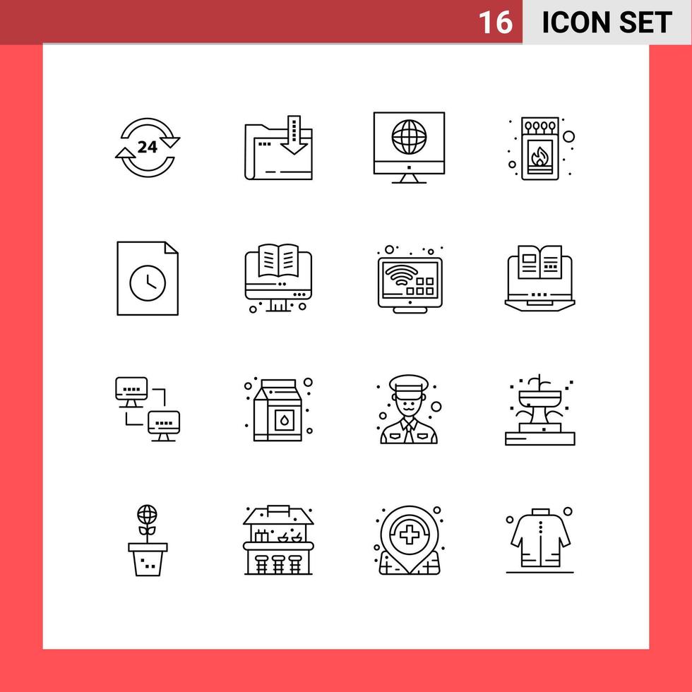 Pack of 16 Modern Outlines Signs and Symbols for Web Print Media such as stick fire computing box news Editable Vector Design Elements