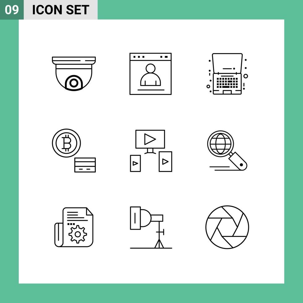Pack of 9 Modern Outlines Signs and Symbols for Web Print Media such as money bitcoin page offer laptop Editable Vector Design Elements