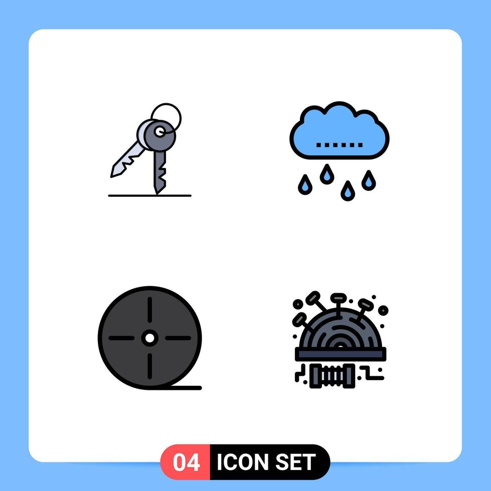 4 User Interface Filledline Flat Color Pack of modern Signs and Symbols of key film room rainy technology Editable Vector Design Elements